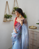 Super Grey Printed And Cut Work Pure Soft Organza Saree